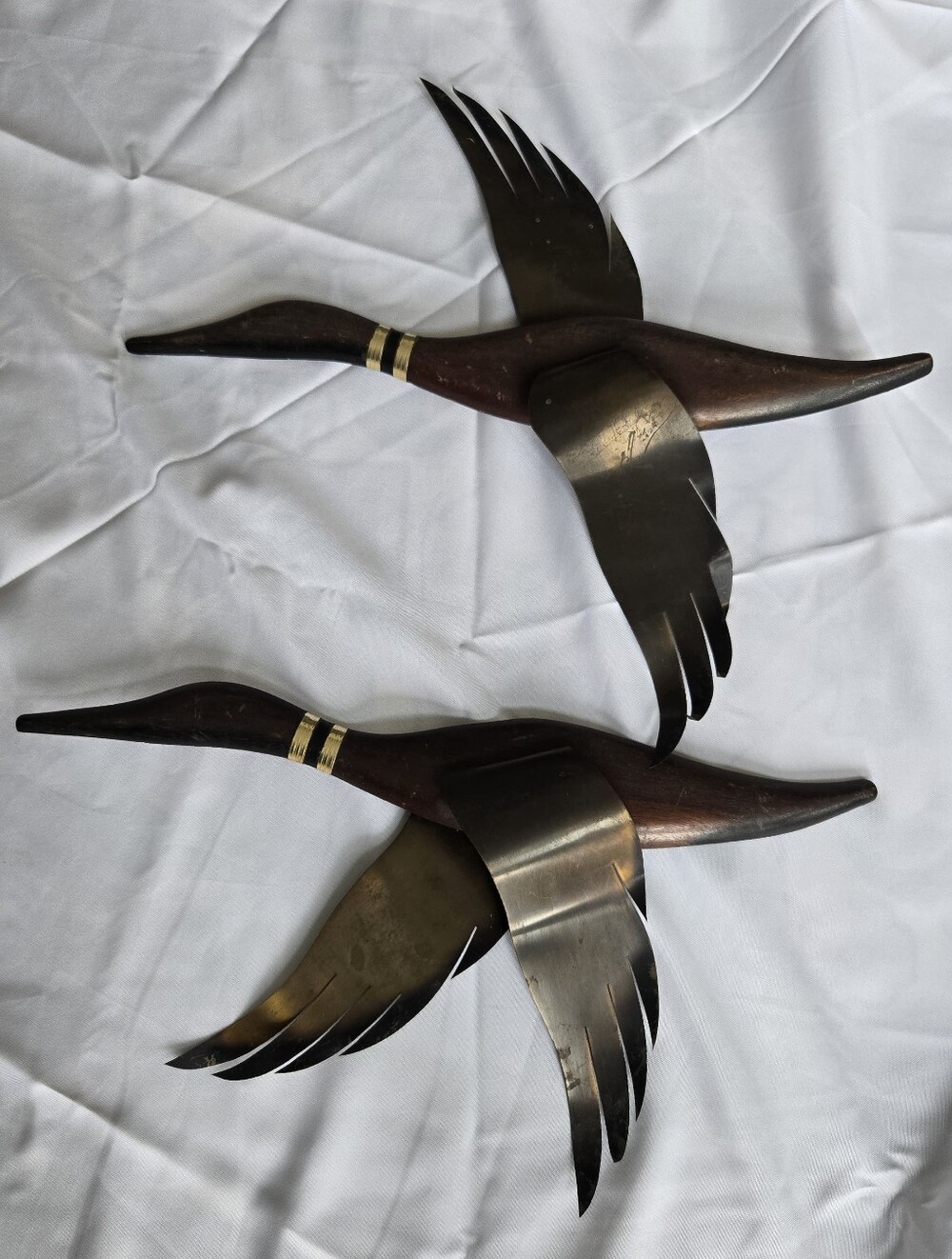 Vintage MCM Wood & Brass Flying Geese Ducks Wall Art Pair Large
